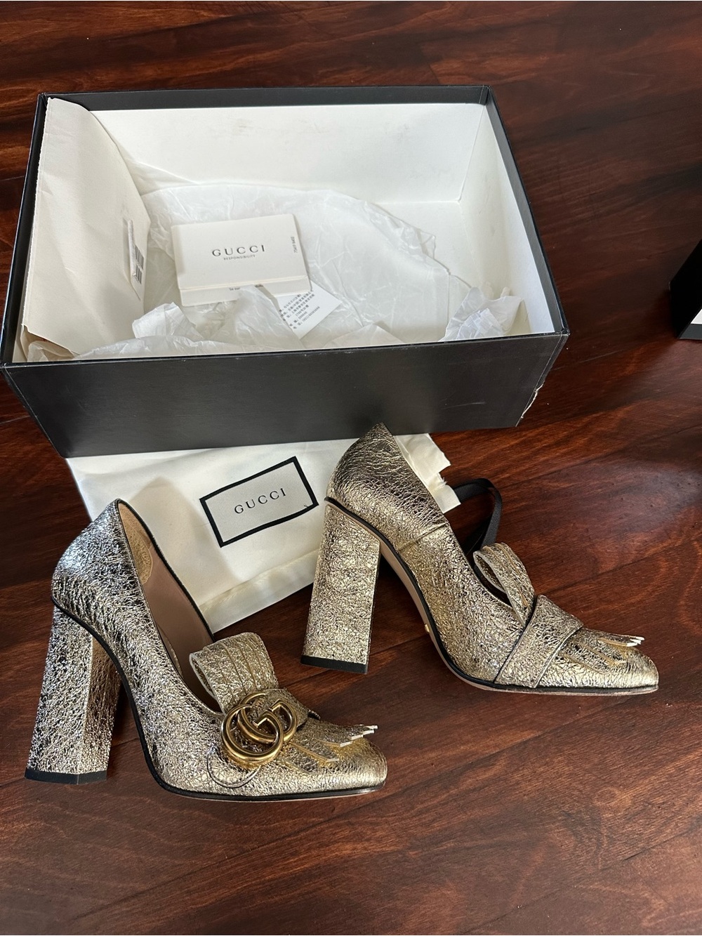 Gucci Gold Glitter Fringe Heeled Loafers with Double G - Picture 3 of 10